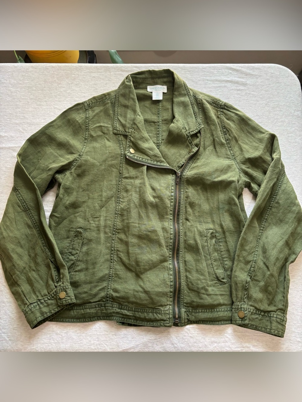 Cynthia Rowley Olive Green 100% Linen Moto Jacket Asymmetrical Zip Size L